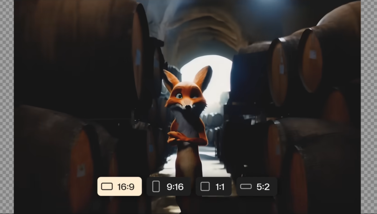 Animowana postać lisa stojącego między rzędami beczek w ciemnej piwnicy, z zamyślonym wyrazem twarzy. Na dole obrazka widoczne są kontrolki odtwarzacza wideo z opcjami zmiany proporcji obrazu.