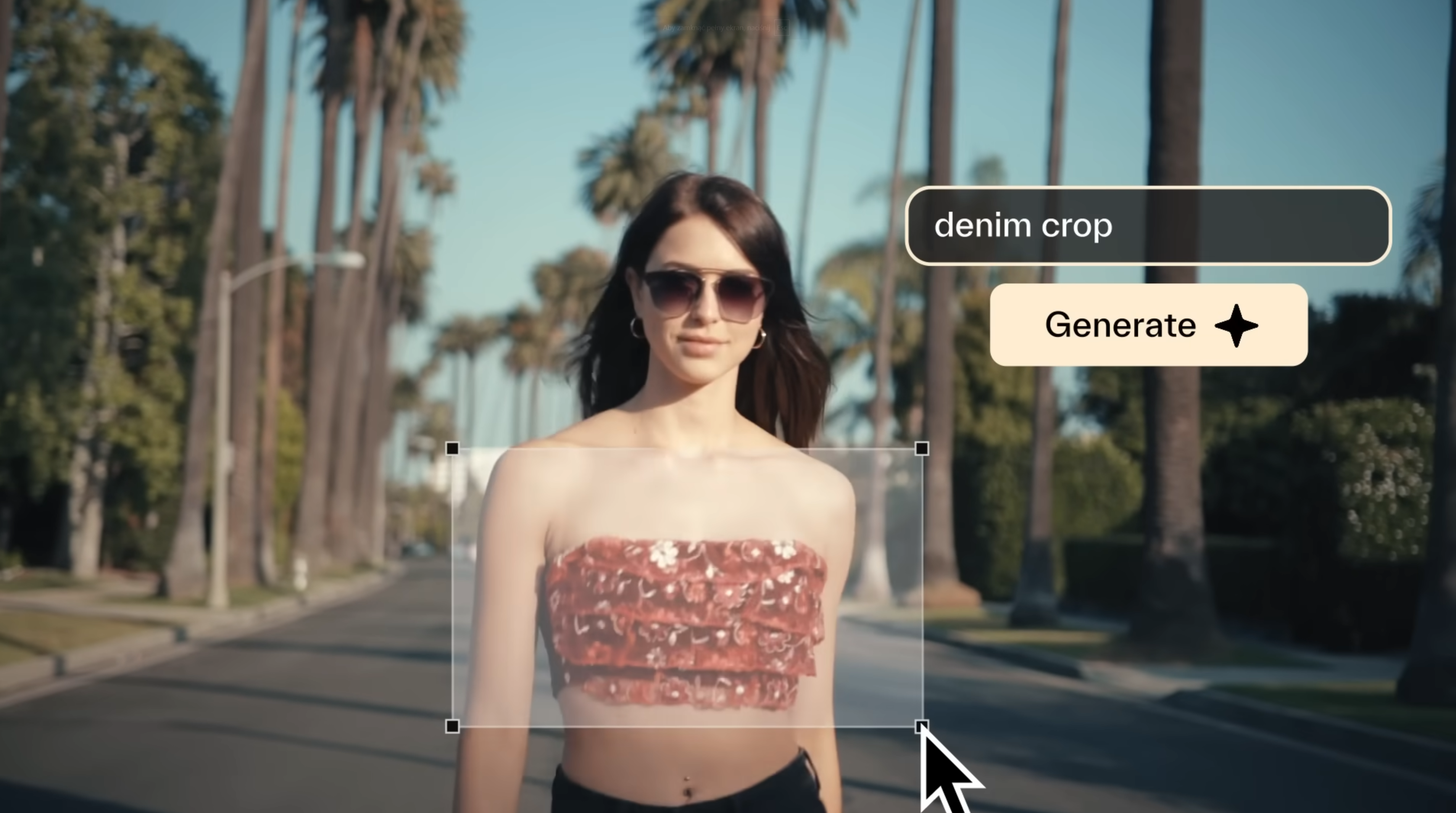Młoda kobieta w okularach przeciwsłonecznych i czerwonym topie crop na tle ulicy z palmami. Na obrazie widoczny interfejs graficzny z napisem "denim crop" i przyciskiem "Generate".