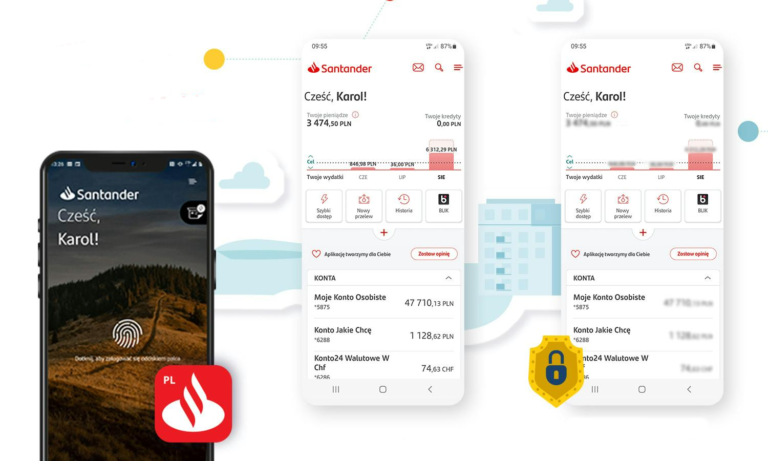 Ekran smartfona z aplikacją bankową Santander witającą użytkownika imieniem Karol i pokazującą bilans konta, oraz dwa widoki interfejsu użytkownika aplikacji z różnymi funkcjami bankowości elektronicznej.