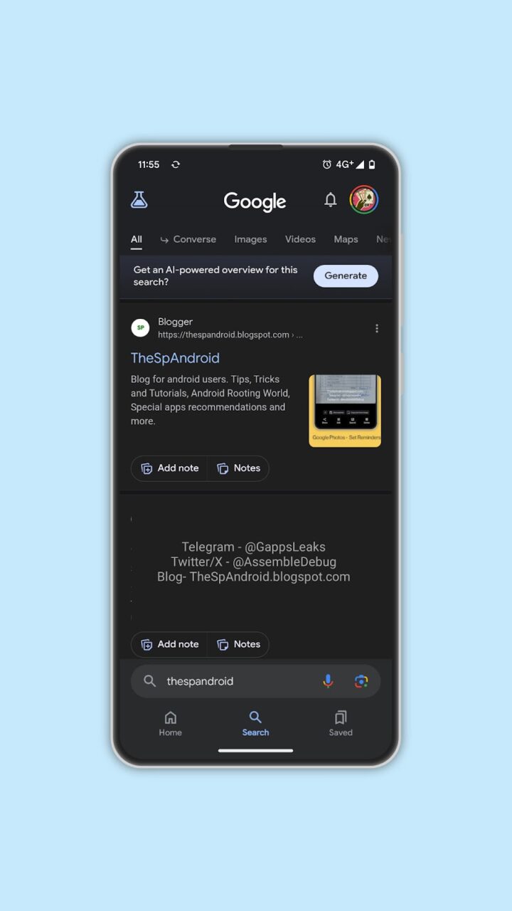 Zrzut ekranu smartfona wyświetlający wyniki wyszukiwania Google dla "theSpAndroid" z sugestią "Wygeneruj podsumowanie oparte na AI dla tego wyszukiwania?" i podglądem bloga oraz kontaktami na Telegramie i Twitterze.