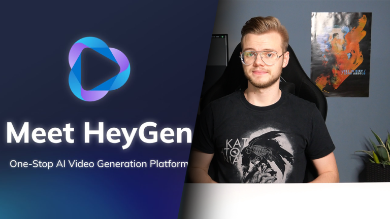 Młody mężczyzna w okularach siedzący na fotelu przed biurkiem, w czarnej koszulce, na tle plakatu zespołu i grafiki z logo oraz napisem "Meet HeyGen - One-Stop AI Video Generation Platform".