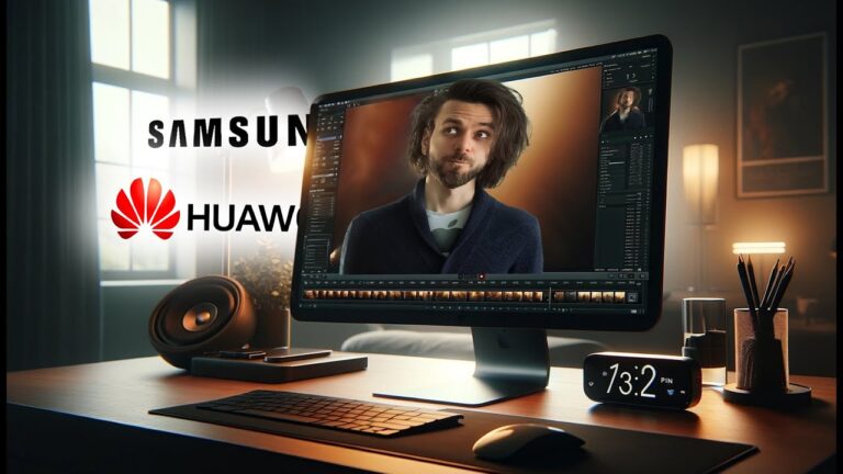 Zdjęcie przedstawiające mężczyznę patrzącego na monitor komputera, na którym widać jego powiększone zdjęcie, z biurkowym wyposażeniem na pierwszym planie, w tle logo firm Samsung i Huawei oraz wnętrze pokojowe oświetlone ciepłym światłem.