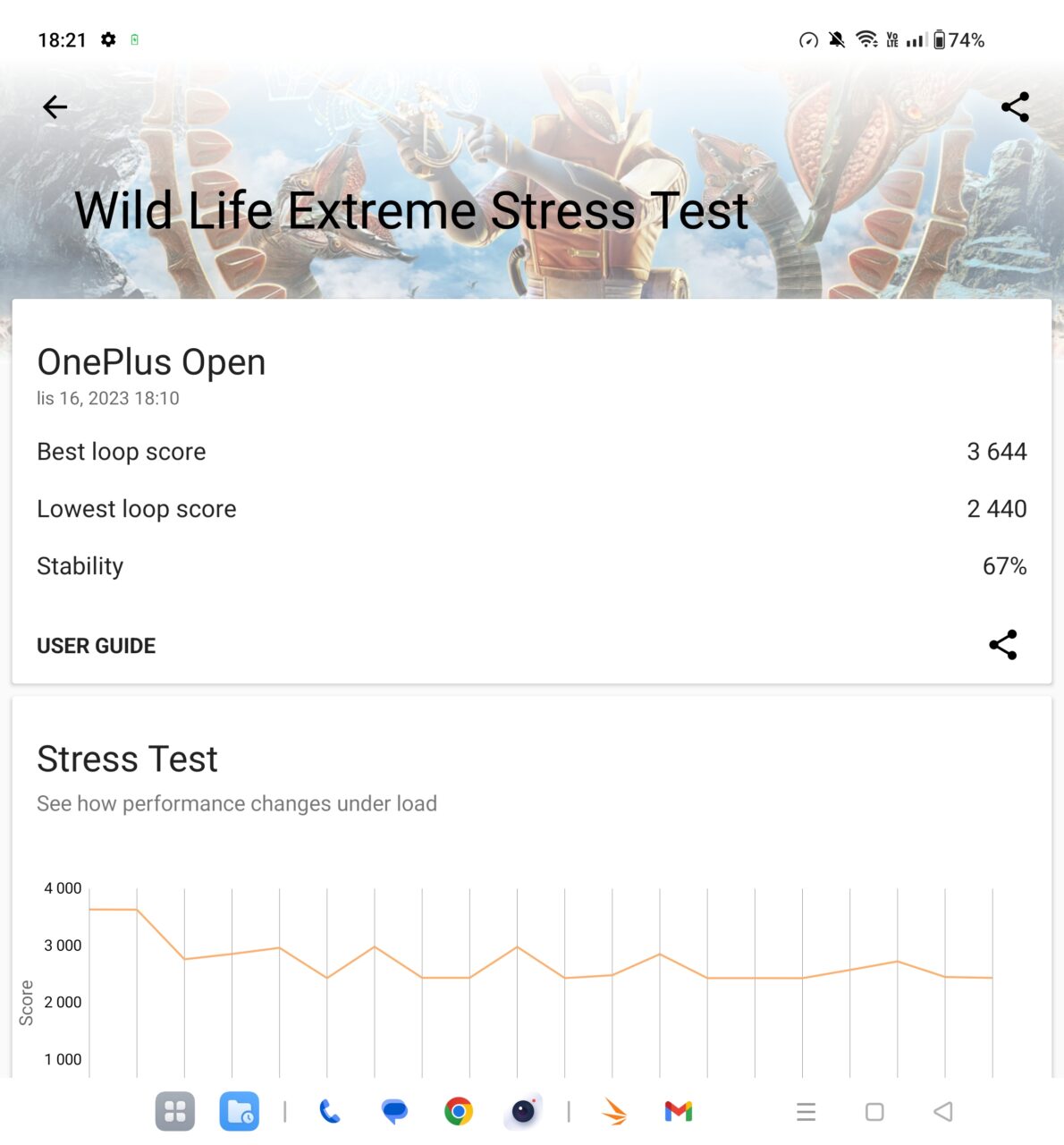  recenzja oneplus open, 3dmark stress test
