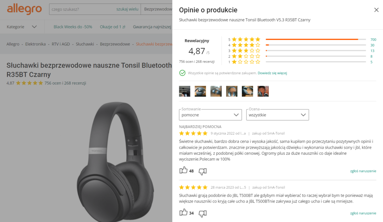 Zrzut ekranu ze strony sklepu internetowego Allegro, prezentujący słuchawki bezprzewodowe nauszne Tonsil Bluetooth V5.3 R35BT Czarny z oceną 4,87 na 5 oraz opinię klienta o produkcie.
