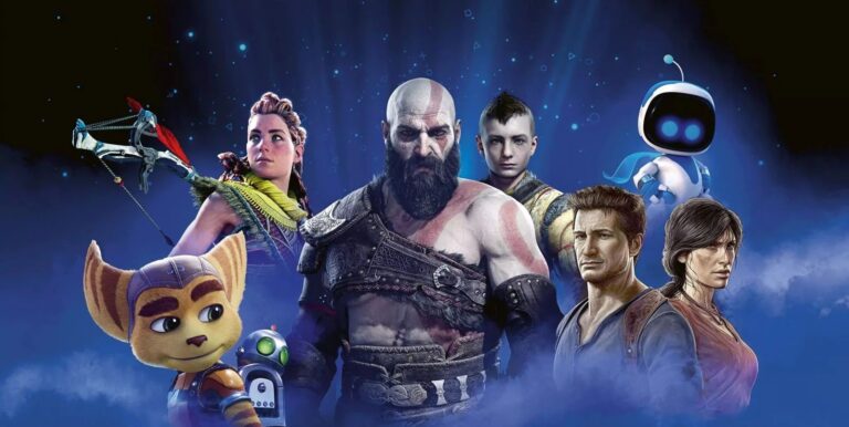 Grafika z postaciami gier PlayStation: Kratos, Atreus, Ratchet, Aloy, Astro, Nathan Drake, Chloe Frazer