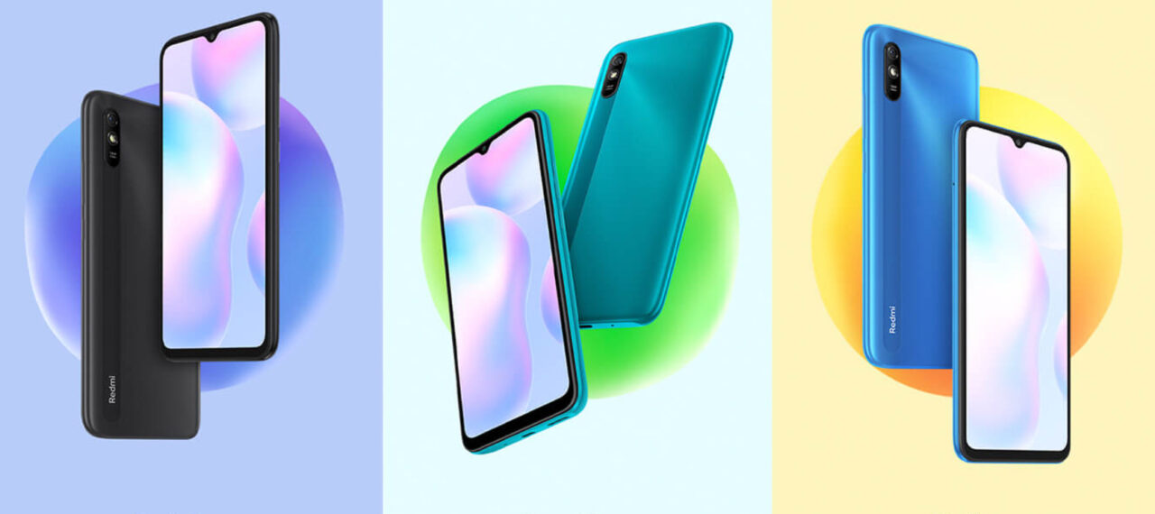 Trzy smartfony Xiaomi Redmi widoczne z przodu i z tyłu, każdy przedstawiony na tle kolorowej okrągłej formy graficznej: pierwszy czarny, drugi zielony, trzeci niebieski.
