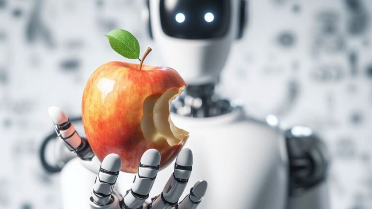 Robot trzymający czerwone jabłko z jednym ugryzieniem, na tle rozmytych kształtów.