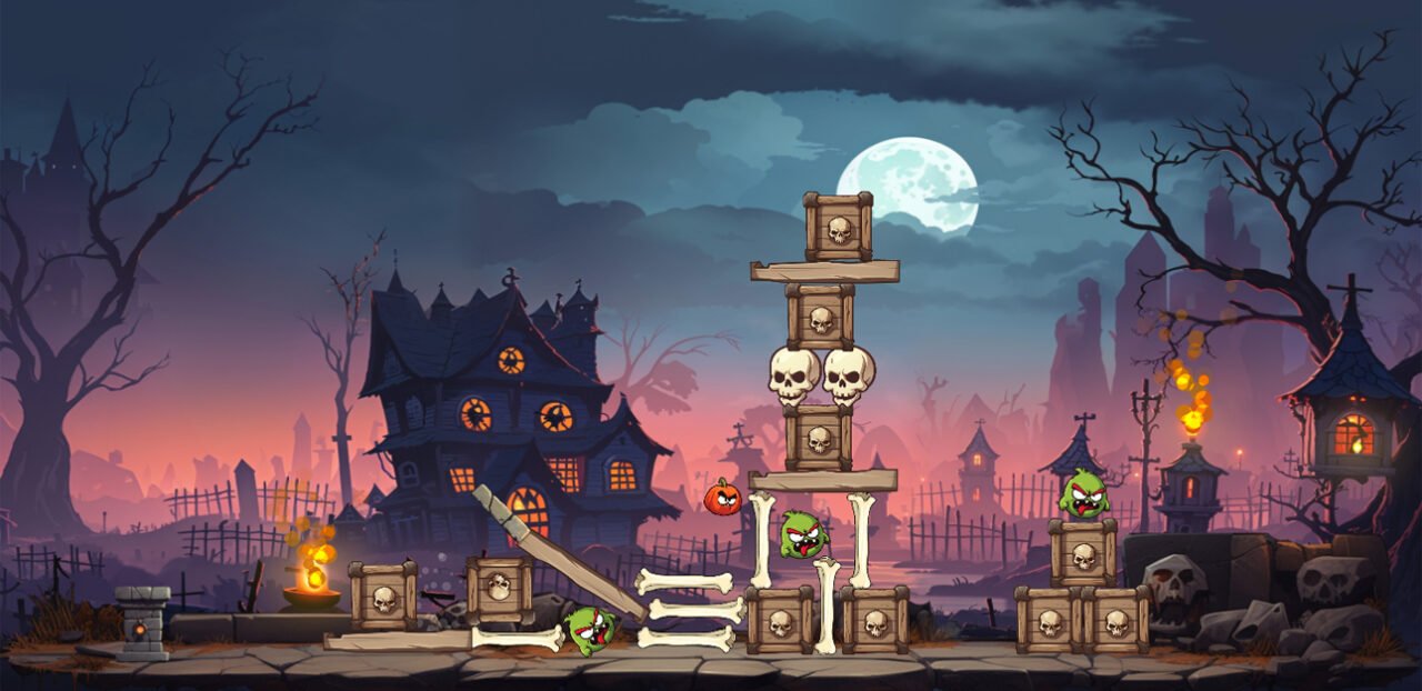 screen z gry Angry Pumpkins pokazujący ponurą planszę, na której stoją skrzynie, które należy strąćić korzystając z dyni leżącej na ziemi po lewej stronie