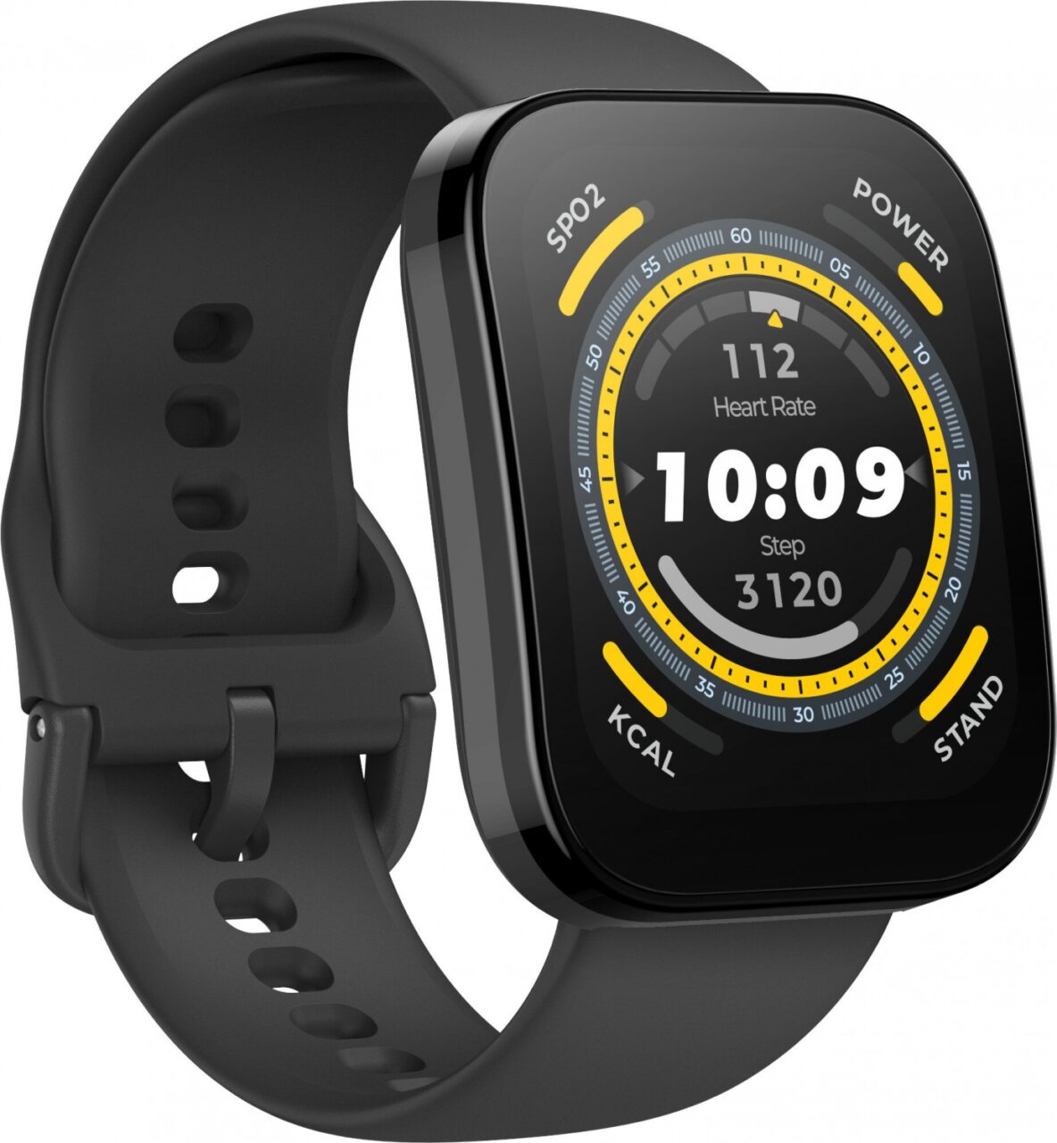 Czarny inteligentny zegarek sportowy z wyświetlonym cyfrowym interfejsem zawierającym informacje takie jak tętno, liczba kroków, poziom natlenienia krwi i spalone kalorie.