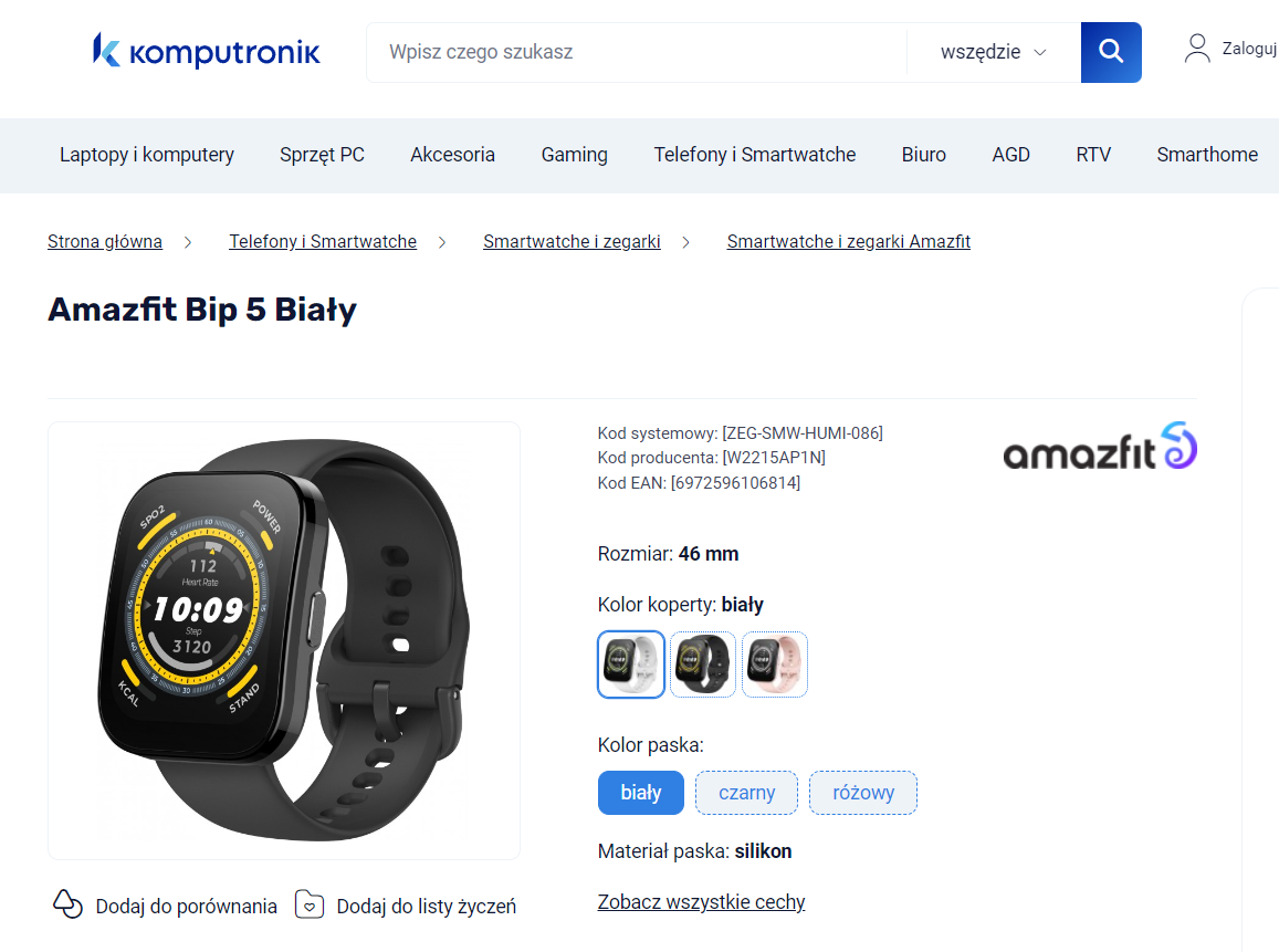Amazfit Bip 5 w kolorze białym, smartwatch z czarnym paskiem, prezentowany na stronie internetowego sklepu Komputronik.