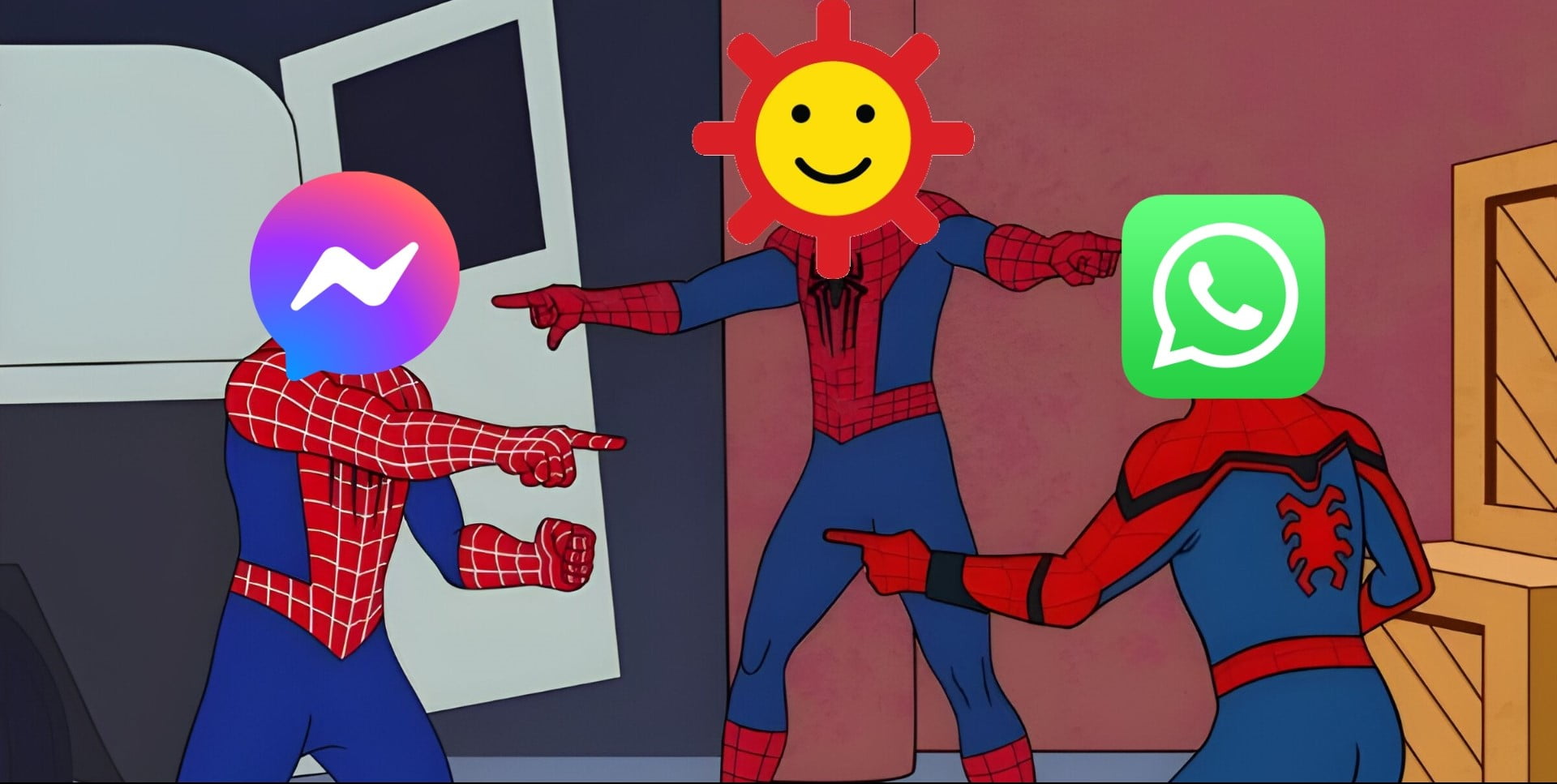 Messenger, Gadu-Gadu oraz WhatsApp pokazują na seibie palcami w parafrazie mema ze Spider-Manem (1969)
