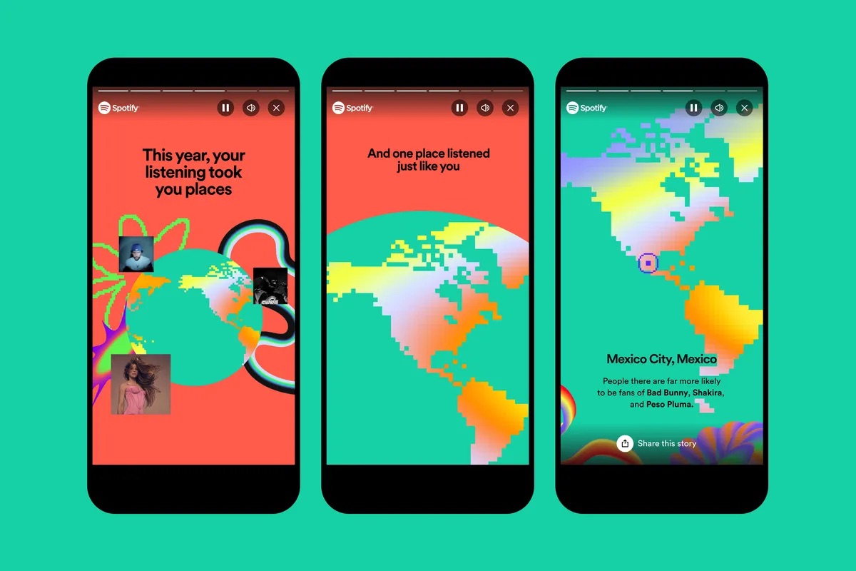 Trzy smartfony wyświetlające grafiki z aplikacji Spotify z podsumowaniem rocznego słuchania użytkownika w ramach Spotify Wrapped 2023, z kolorowymi tłami i akcentami graficznymi, oraz różnym tekstem na każdym z nich.