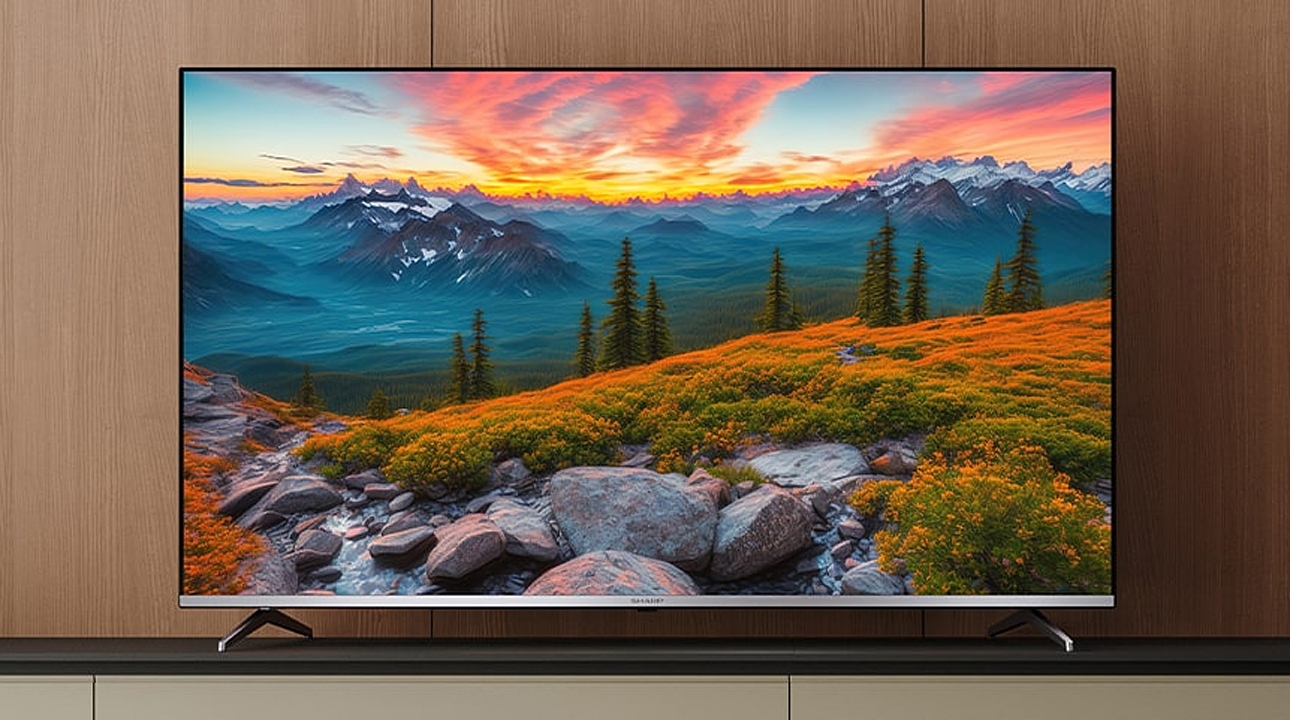 Telewizor wyświetlający obraz górskiego krajobrazu o zachodzie słońca z pomarańczowo oświetloną roślinnością na pierwszym planie.