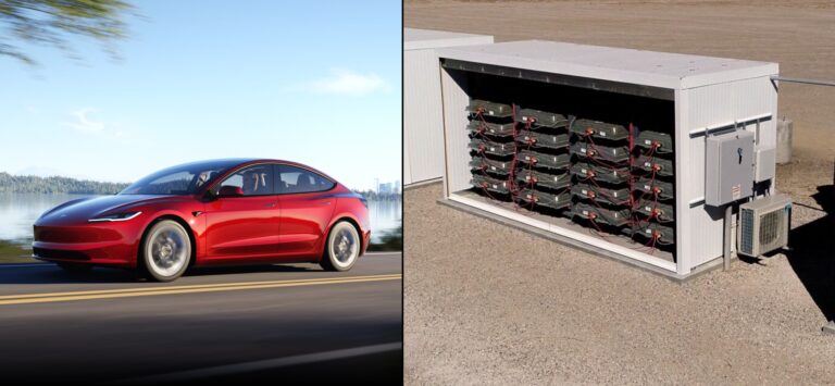 Samochód elektryczny Tesla, obok magazyn energii z baterii EV