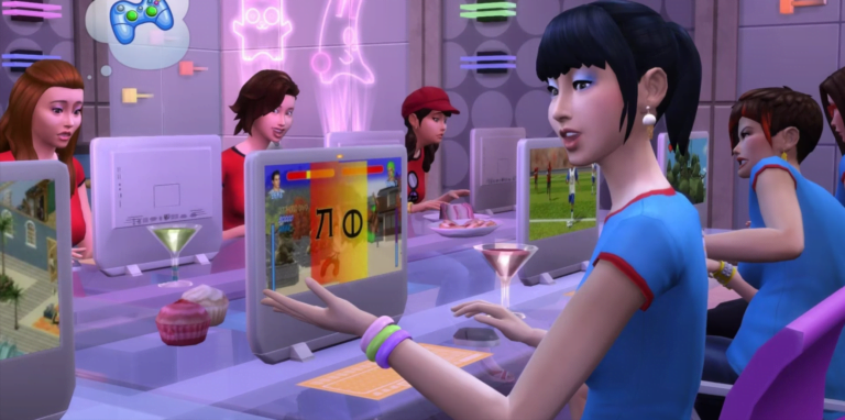 Screenshot z gry The Sims 4 na którym widać kilka simów grających na komputerze