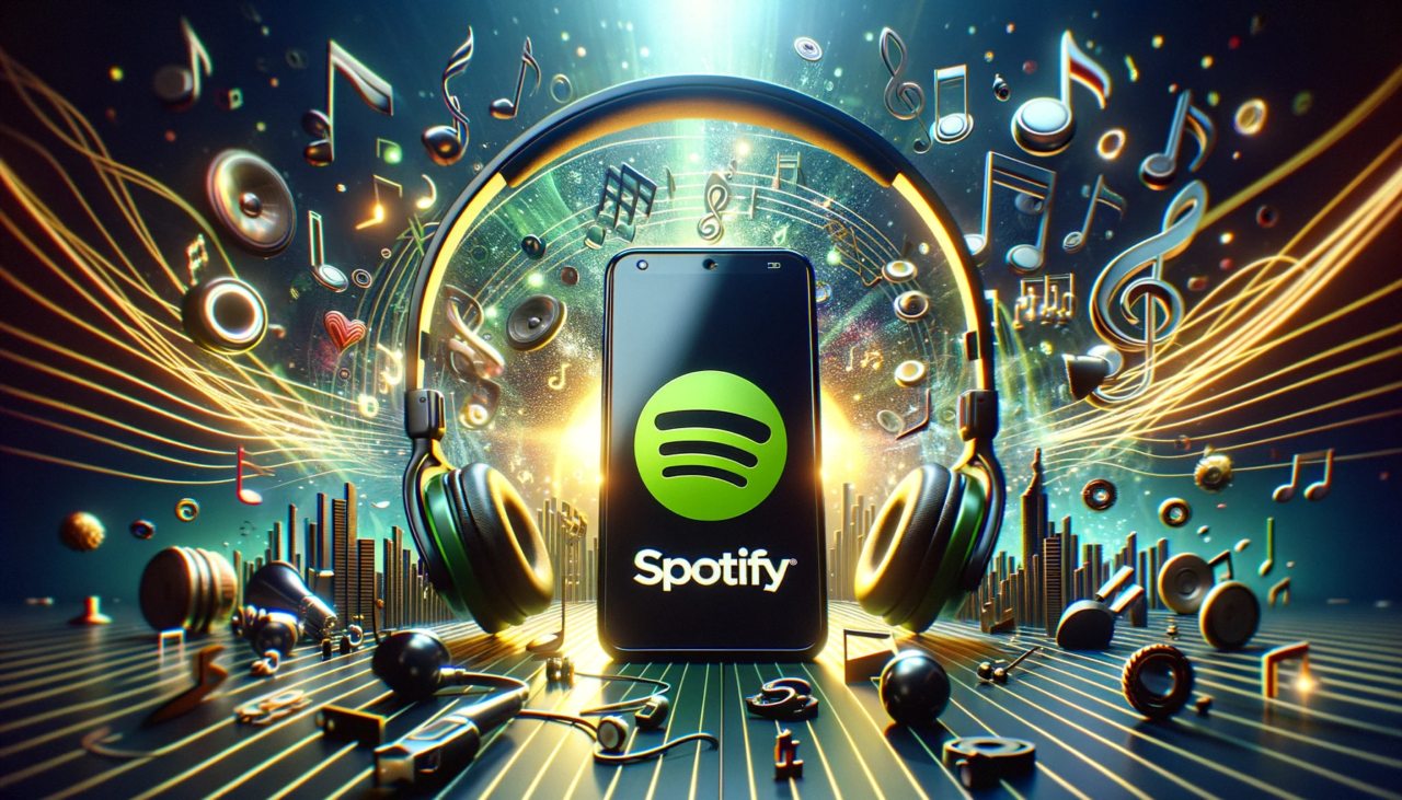 Ilustracja przedstawiająca smartfon z logo Spotify na ekranie, otoczony przez słuchawki i dynamiczną kompozycję z elementami muzycznymi takimi jak nuty, klucze wiolinowe i głośniki, w stylu surrealistycznym z efektem trójwymiarowości.