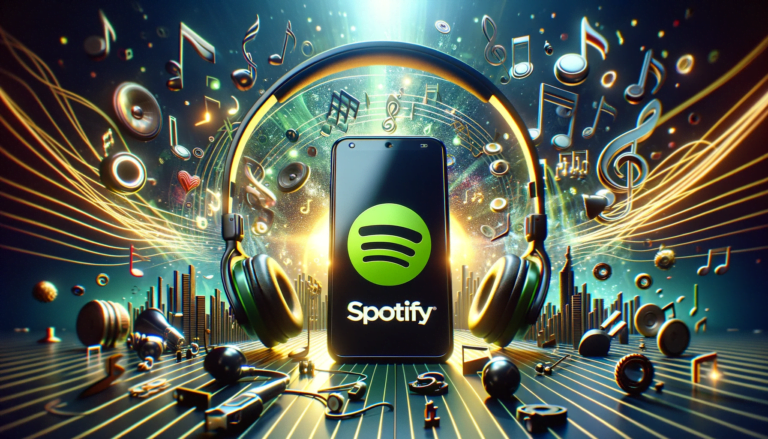 Smartfon z logo Spotify na ekranie, otoczony przez słuchawki i unoszące się elementy muzyczne takie jak nuty i głośniki na tle wizualizacji dźwięku.