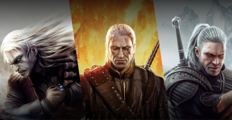 Geralt w trzech różnych grach Wiedźmin od CD Projekt RED na trójkolorowym tle, od lewej: wojownik z długimi, białymi włosami i gniewnym spojrzeniem, wojownik w brunatnym płaszczu z rezygnacją na twarzy, oraz wojownik z białymi włosami i blizną na oku.