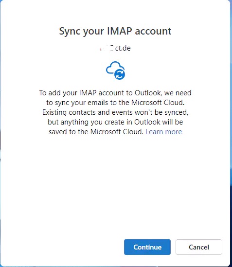 Okno dialogowe synchronizacji konta IMAP wyświetlające informacje o synchronizacji wiadomości e-mail z chmurą Microsoft Cloud w aplikacji Outlook, z przyciskami "Kontynuuj" i "Anuluj".