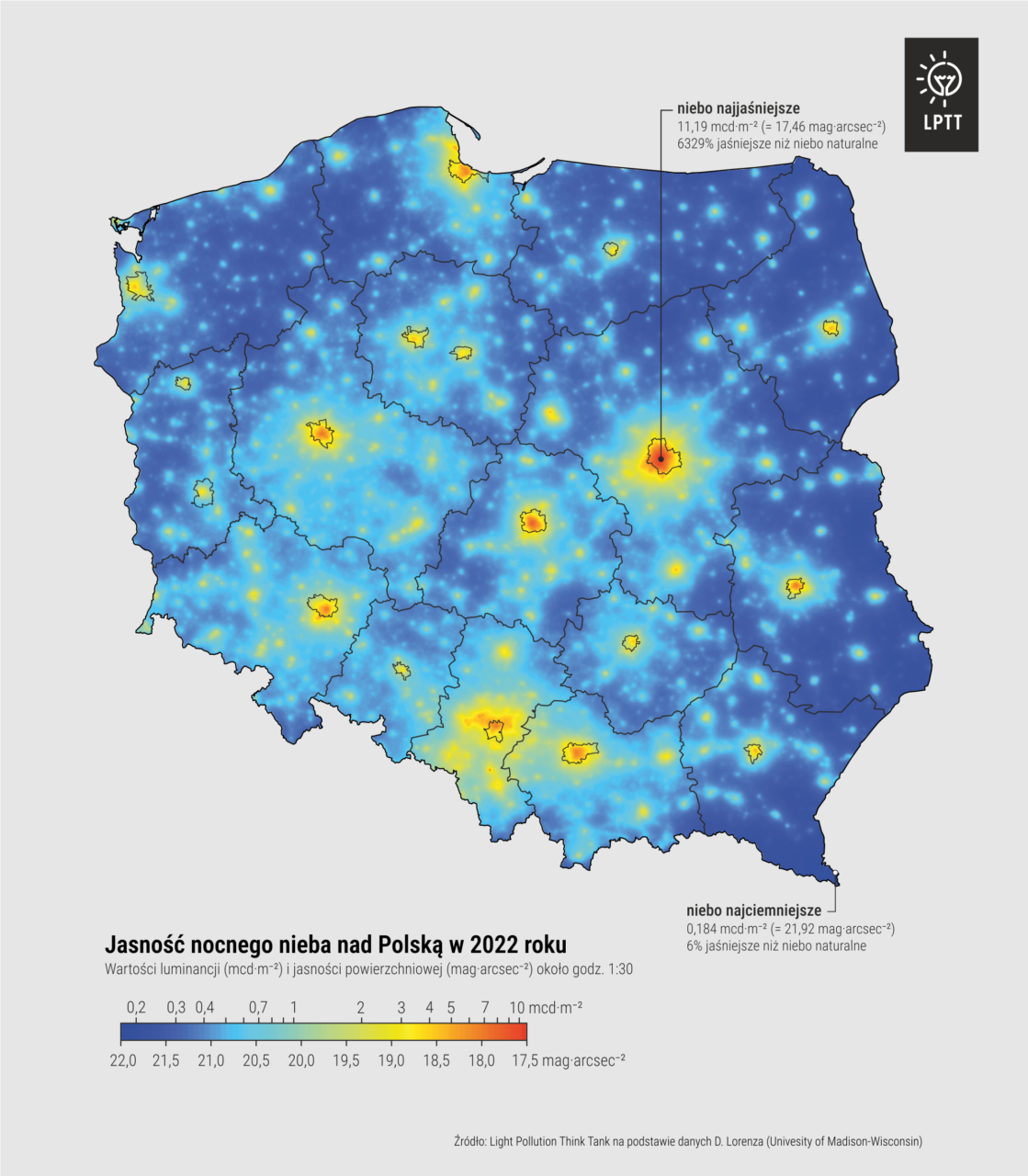 Mapa jasności prezentująca nocne niebo nad Polską w 2022 roku, przedstawiająca poziomy zanieczyszczenia światłem na podstawie danych luminescencyjnych. Obszary o różnym stopniu zanieczyszczenia oznaczone są kolorami od niebieskiego (mniejsze zanieczyszczenie) po czerwony (duże zanieczyszczenie). W legendzie przedstawiono skale wartości luminescencji i jasności powierzchniowej. Na dole znajduje się źródło danych: Light Pollution Think Tank na podstawie danych D. Lorrentza (University of Madison-Wisconsin).