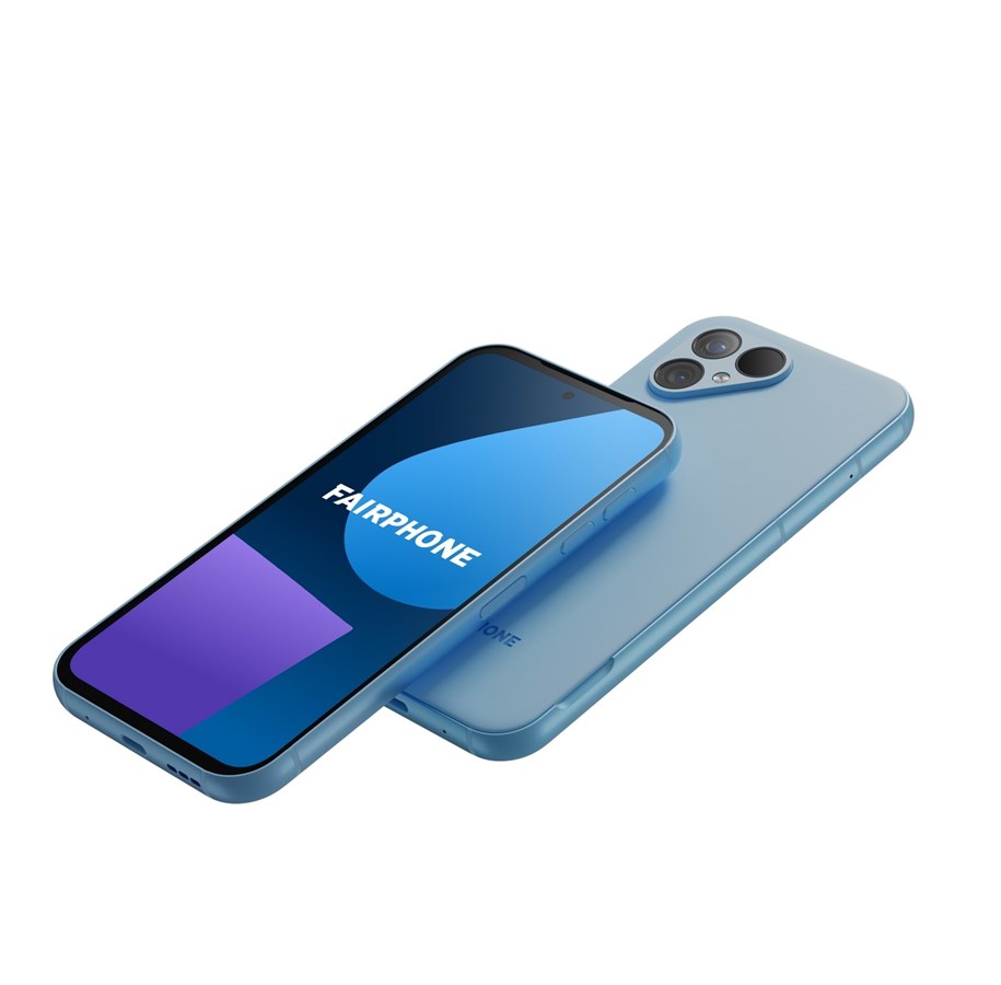 Niebieski smartfon Fairphone z widocznym frontem i tyłem oraz logo marki na ekranie.