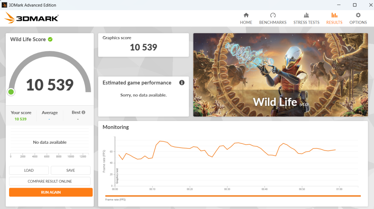 Interfejs programu 3DMark Advanced Edition wyświetlający wynik testu Wild Life Score wynoszący 10539 punktów, wykres częstotliwości klatek na sekundę (FPS) oraz grafikę przedstawiającą postać z giwerą przy animowanych dinozaurach w tle oznaczoną jako "Wild Life (v1.0)".
