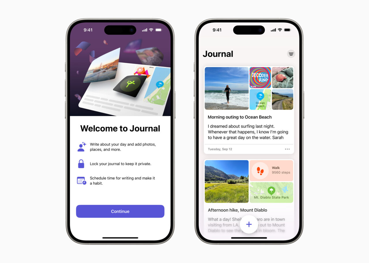 Dwa smartfony iPhone wyświetlające interfejs aplikacji do prowadzenia dziennika, z różnymi wpisami i fotografiami na ekranie. Aplikacja Dziennik w nowej wersji iOS 17.2