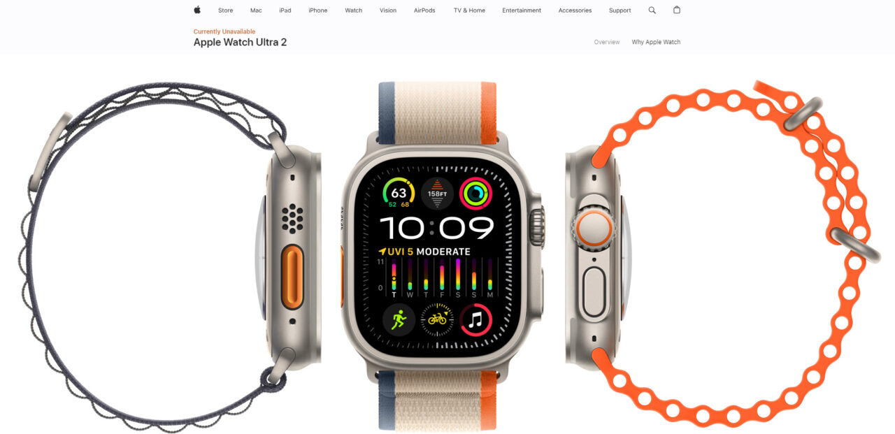 Apple Watch Ultra 2 przedstawiony z trzech perspektyw, pokazujące różne paski i przyciski.