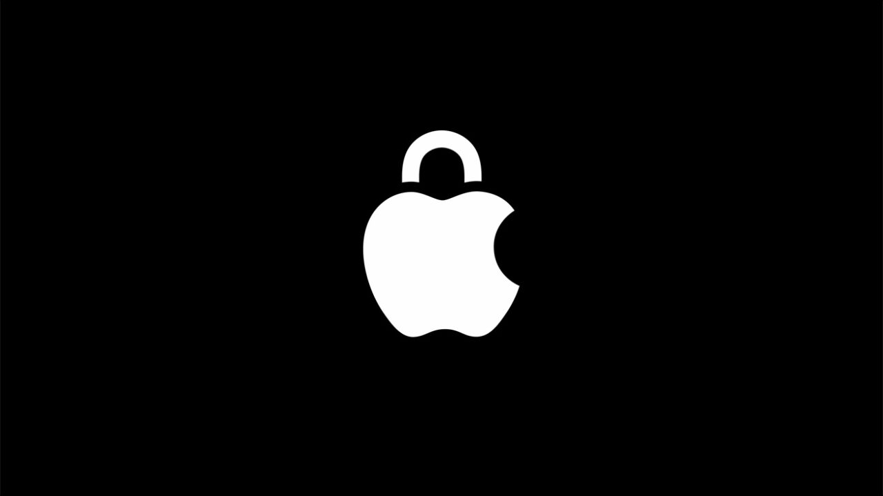 Logo firmy Apple z jabłkiem z niewielkim wycięciem z lewej strony oraz dodaną ilustracją kłódki na górze, umieszczone na czarnym tle.
