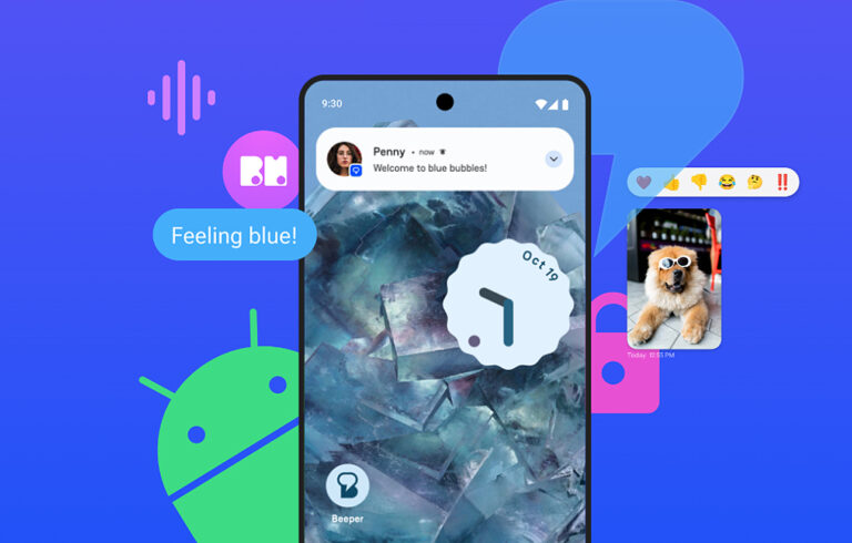 Smartfon z włączoną aplikacją Beeper Mini do komunikacji na tle w różnych odcieniach niebieskiego z ikonami Androida i dymkami czatu zawierającymi tekst i zdjęcie psa w okularach przeciwsłonecznych.