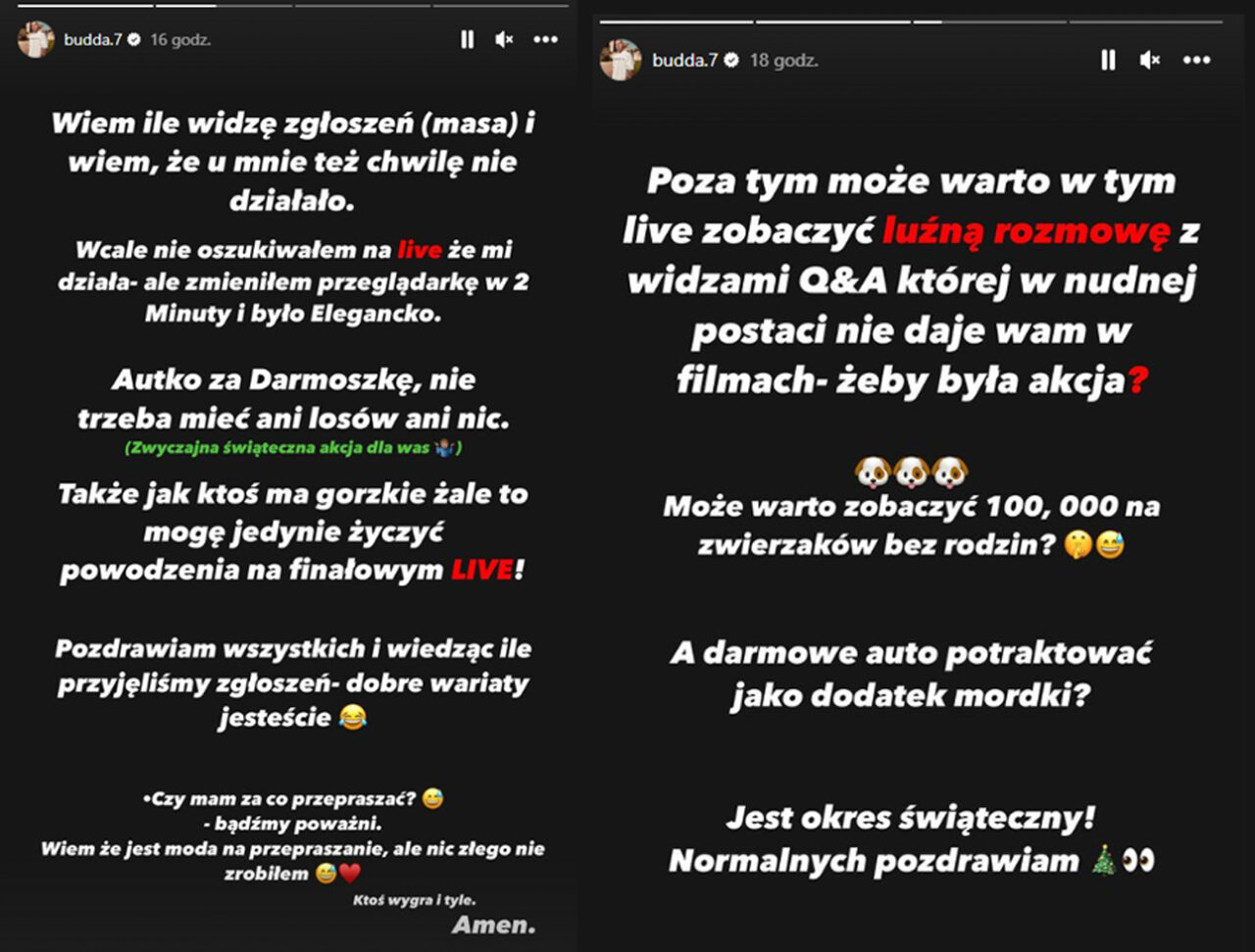 Zrzut ekranu dwóch postów na Instagramie zamieszczonych przez użytkownika "budda.7", zawierających tekst w języku polskim z komunikacją o problemach technicznych i zaproszeniem do uczestnictwa w konkursie oraz rozmowie na żywo.