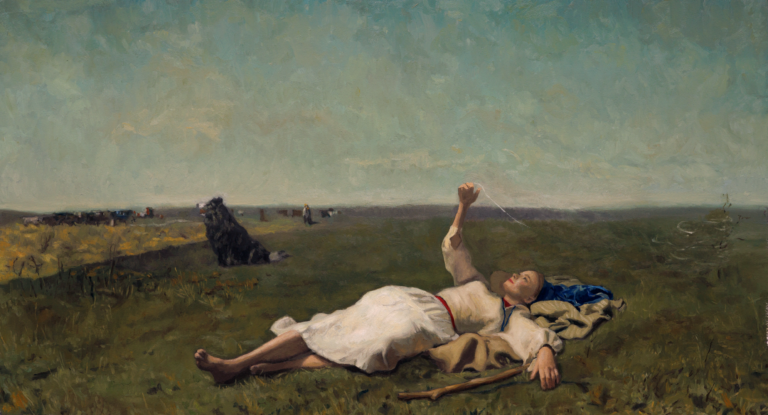 Obraz olejny przedstawiający leżącą na polu kobietę w białej sukni, która spoczywa z zamkniętymi oczami i wyciągniętym ramieniem trzymającym kawałek trawy. W tle widoczna wieś i pasące się krowy, a na pierwszym planie obok kobiety leży niebieski płaszcz i drewniany kij. Kadr z filmu Chłopi