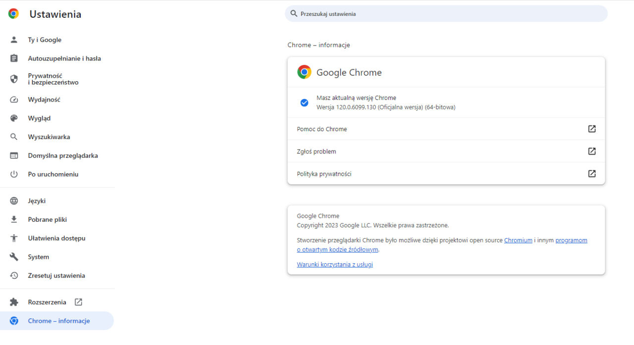 Ekran ustawień przeglądarki Google Chrome z wybraną opcją "Chrome – informacje" pokazujący aktualną wersję przeglądarki.