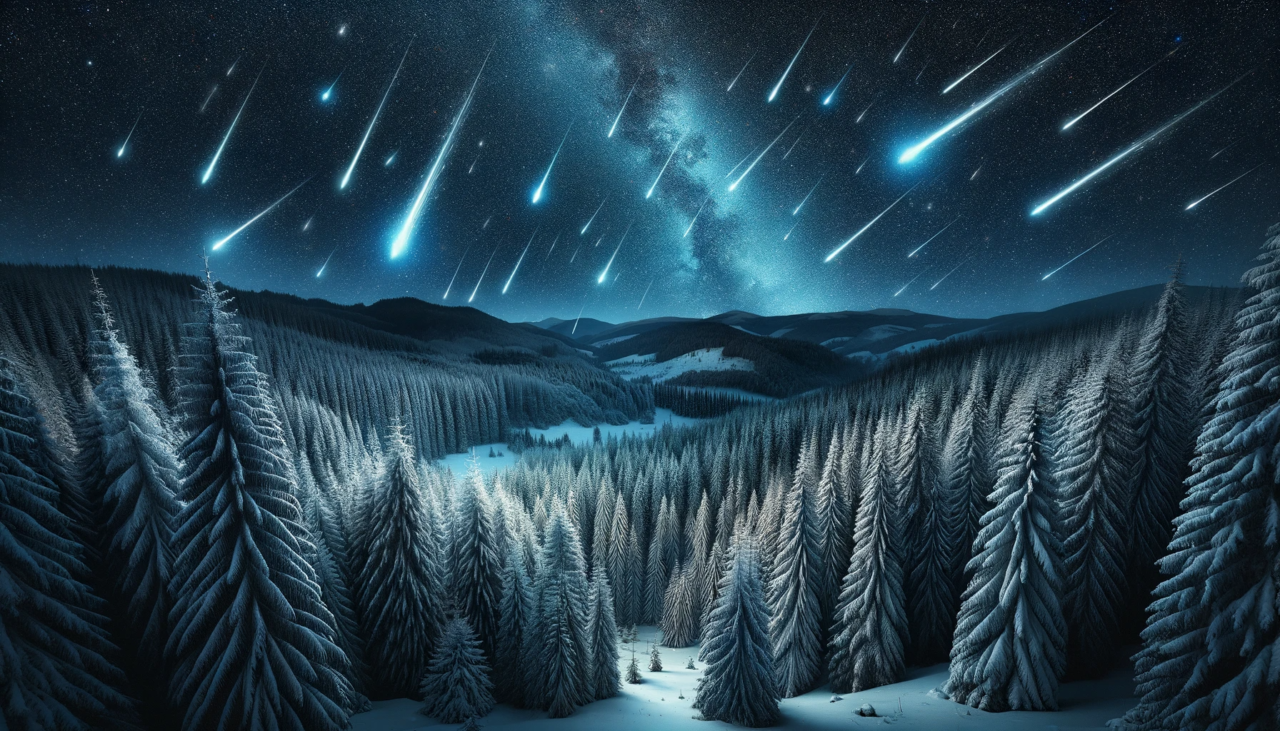 Zimowy krajobraz nocą z widokiem na gęsty las sosnowy pokryty śniegiem. Na niebie widać rój spadających gwiazd.