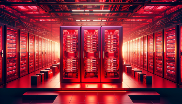 Wnętrze nowoczesnego centrum danych lub superkomputera z szeregami szaf serwerowych podświetlonych na czerwono.