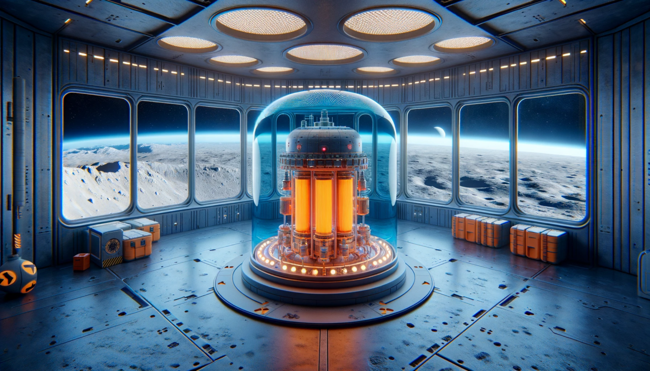 Reaktor nuklearny we wnętrzu futurystycznego pomieszczenia bazy kosmicznej. W tle okna wychodzące na krajobraz Księżyca, pudła oraz metalowe elementy konstrukcji