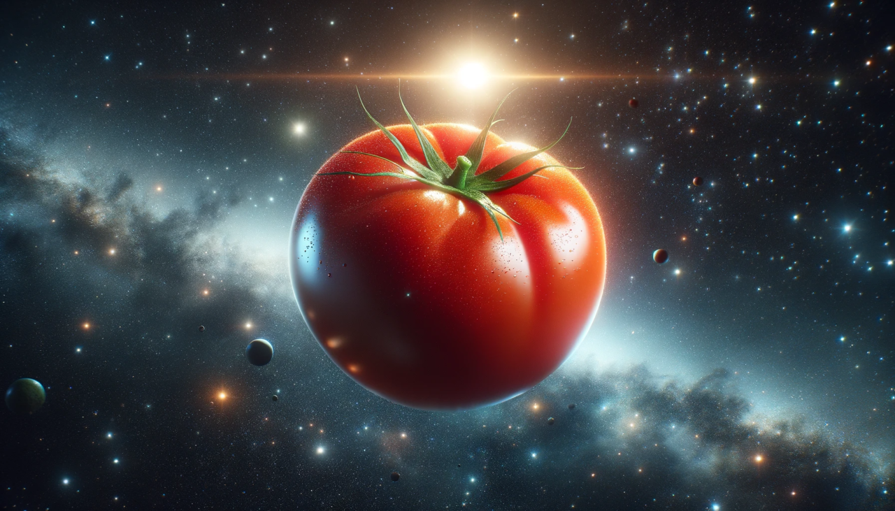 Dojrzały kosmiczny pomidor unosi się w kosmicznej przestrzeni z gwiazdami i mgławicami na tle.