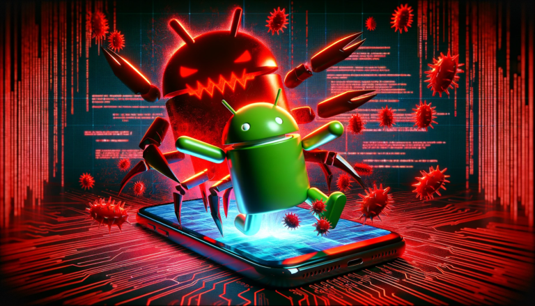 Ludzik Androida wychodzi z ekranu smartfona, w tle agresywny wirus komputerowy, stylizacja nawiązująca do cyberbezpieczeństwa, scena przedstawia ryzyko jakie niesie malware także na smartfonach.