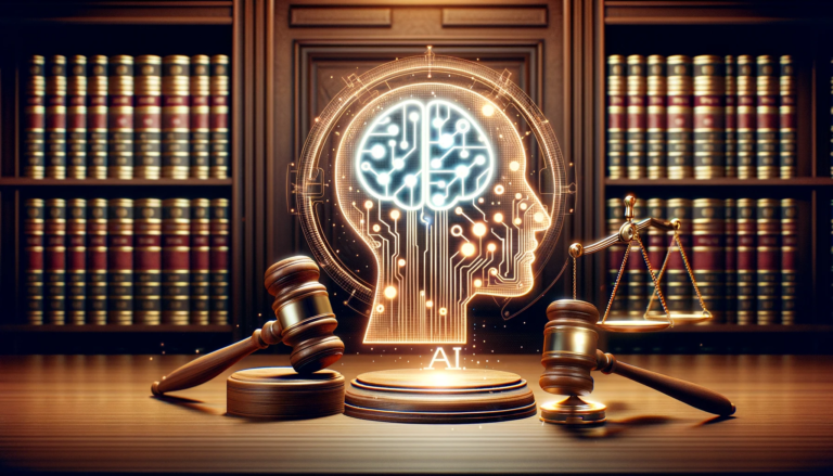 Ilustracja przedstawiająca drewniany młotek sędziowski i wagę prawniczą z hologramem ludzkiego mózgu symbolizującym sztuczną inteligencję w tle biblioteki z książkami.