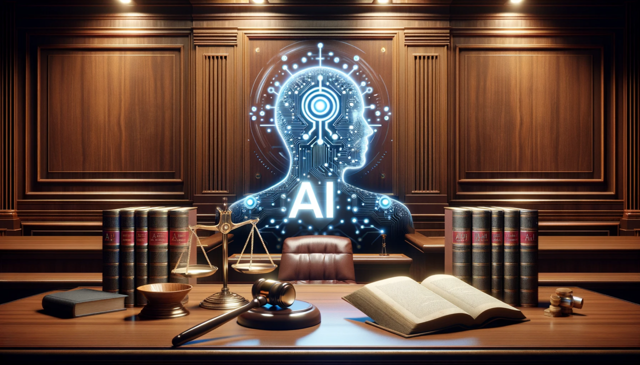 Szkic cyfrowy przedstawiający salę sądową z hologramem głowy przedstawiającej sztuczną inteligencję (AI) na tle fotela sędziowskiego. Na pierwszym planie młotek sądu, waga prawnicza oraz stosy ksiąg prawnych.