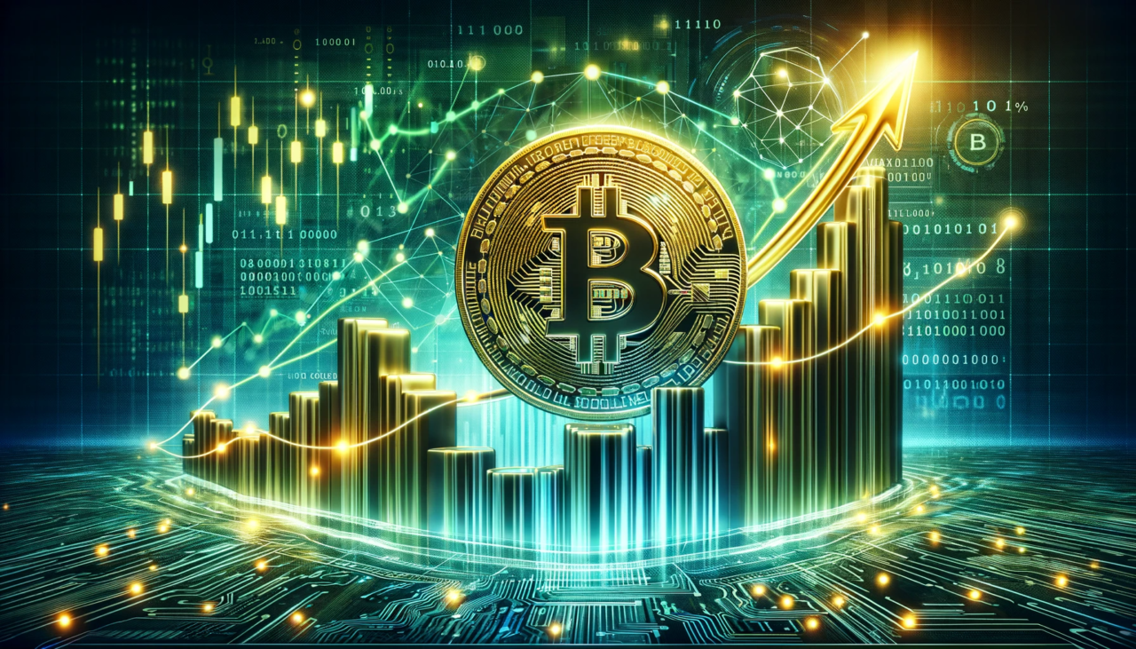 Koncepcyjne przedstawienie cyfrowego wzrostu wartości bitcoina z ilustracją złotej monety bitcoin na tle grafik wzrostu cen i cyfrowej matrycy.