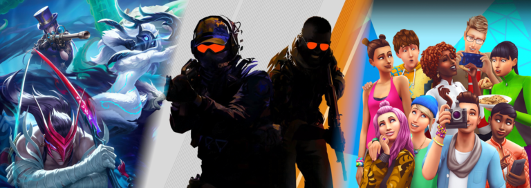 Grafika przedstawiająca postacie z różnych gier wideo, od lewej zaawansowane postacie fantasy z mieczami i magią, przez zamaskowanych żołnierzy w środku, po grupę kolorowych, stylizowanych postaci symulacyjnej gry życia po prawej.