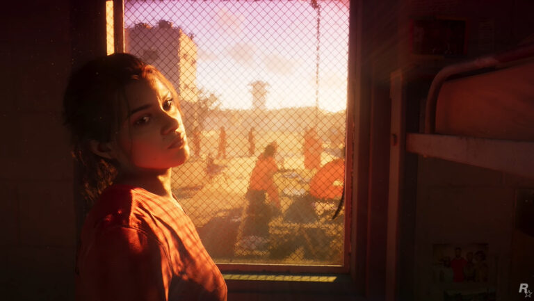 Luicia, główna bohaterka GTA VI przy oknie w zaciemnionym pomieszczeniu.