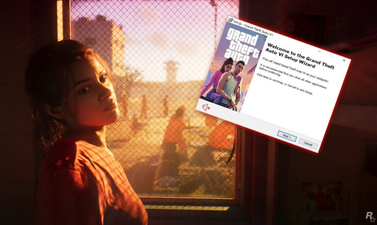 Kobieta z profilu patrzy przez okno za kratą na zachód słońca, na pierwszym planie widać ekran komputera z instalatorem gry Grand Theft Auto VI.