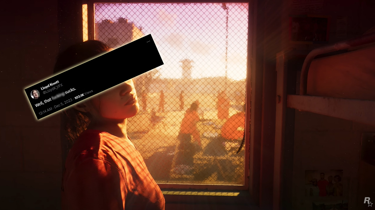 Kobieta w czerwonej bluzce stoi przy oknie z kratą, patrząc na zewnątrz na scenę z ludźmi w pomarańczowych strojach, przy zachodzącym słońcu. Na pierwszym planie znajduje się rozmazany obraz z czarnym paskiem, który zakrywa część treści. Screen z GTA VI i wpis jednego z twórców gry