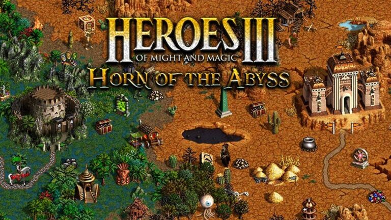 Zrzut ekranu z gry "Heroes III of Might and Magic: Horn of the Abyss" przedstawiający fantazyjną mapę z różnorodnymi terenami, budynkami i obiektami.