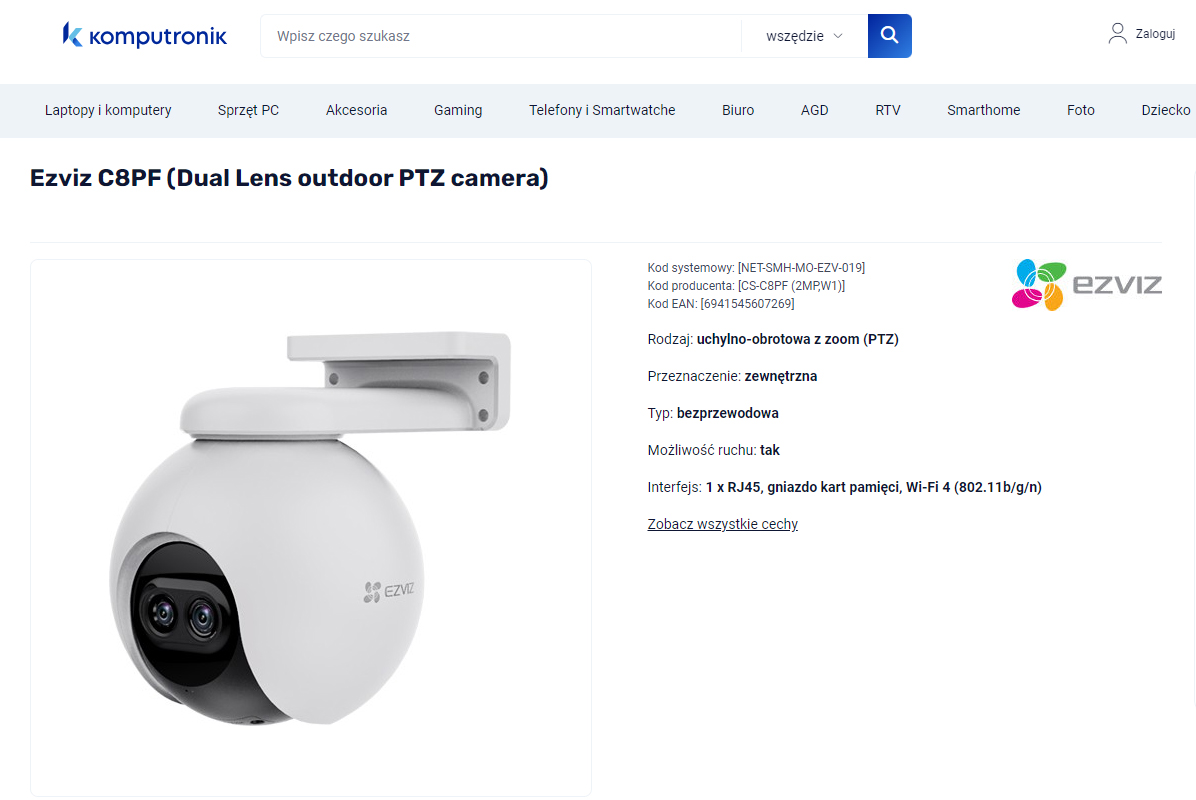 Zewnętrzna kamera PTZ Ezviz C8PF z podwójnym obiektywem, zamontowana na białym uchwycie, na stronie internetowej sklepu Komputronik.
