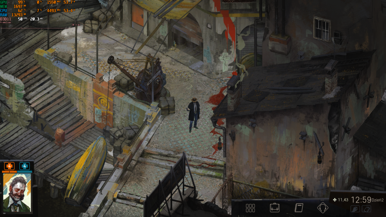 Obraz przedstawia scenę z gry komputerowej, gdzie postać w kapeluszu stoi na brukowanej ulicy w zaniedbanej, miejskiej scenerii z graffiti na ścianach i porozrzucanym śmieciami. Na ekranie widoczne są interfejs użytkownika i statystyki wydajności komputera.