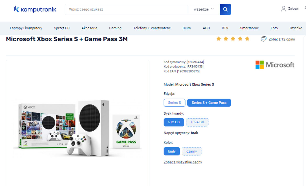 Strona internetowa sklepu Komputronik z widoczną ofertą konsoli Microsoft Xbox Series S w zestawie z Game Pass na 3 miesiące.