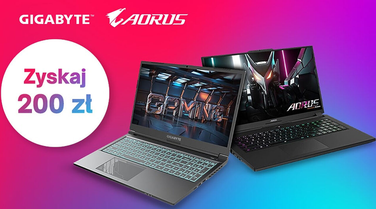 Reklama laptopów gamingowych GIGABYTE AORUS z promocją "Zyskaj 200 zł", przedstawiająca dwa otwarte laptopy z podświetlanymi klawiaturami na tle w odcieniach różu i fioletu.